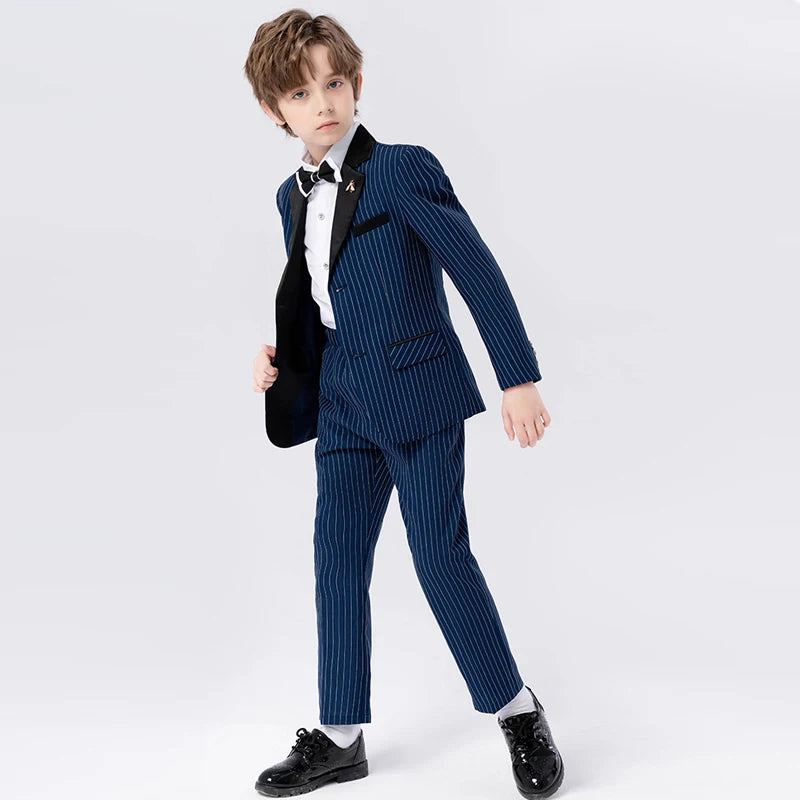 Children Formal Blue Stirped Suit Set Boys Blazer Pants Bowtie Brooch Outfit Kids Performance Piano Host Wedding Costume