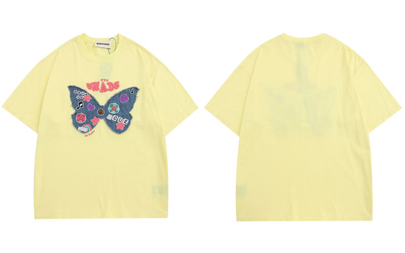 Retro Cute Embroidery Denim Butterfly Patch Streetwear Men Women Summer Cotton Top