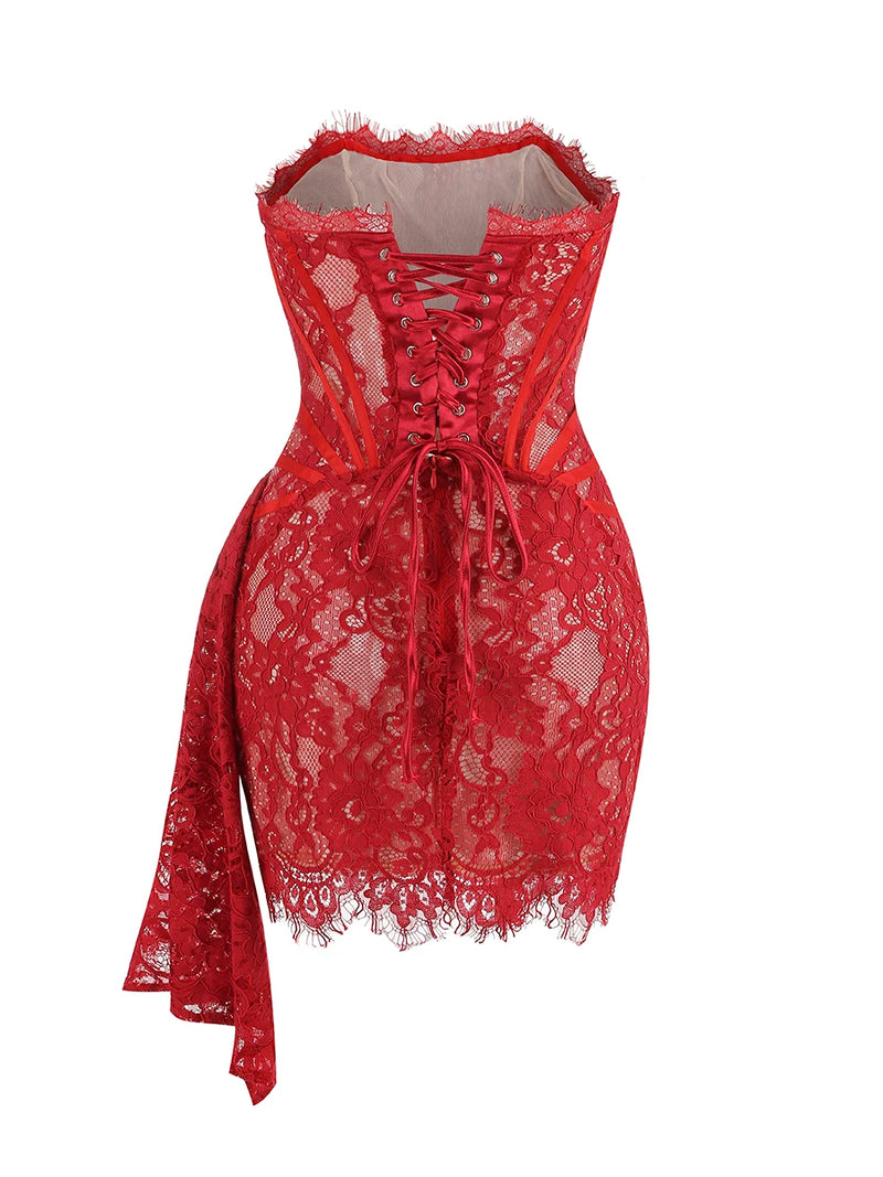 Dress For Women Red Lace Strapless Slim Short Dress With Lace-Up