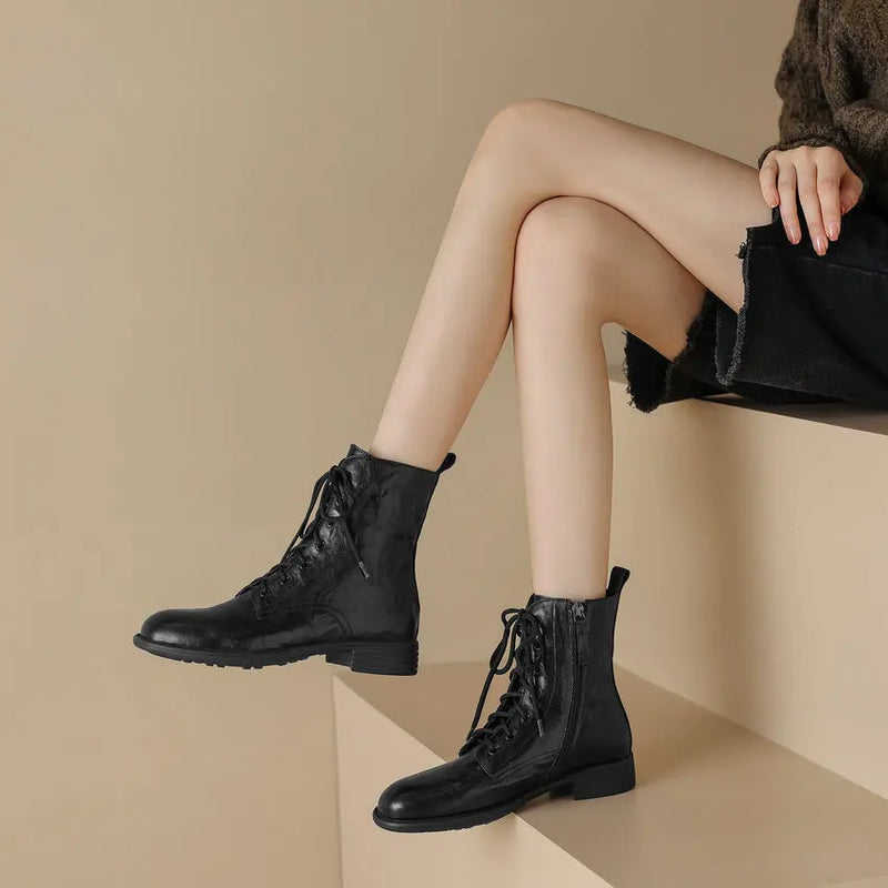 Retro Cross-Tied Women Ankle Boots Thick Low Heels Genuine Leather Zipper Shoes Woman Autumn Winter