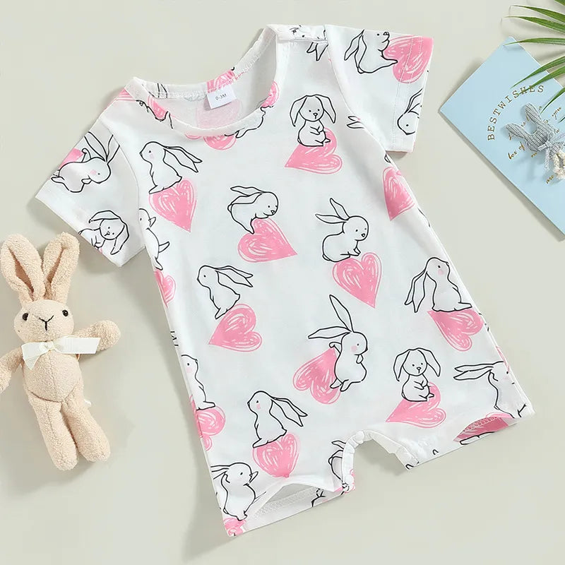 Easter Newborn Baby Girls Jumpsuit Bunny Heart Print Summer Short Sleeve Romper for Toddler Casual Clothing