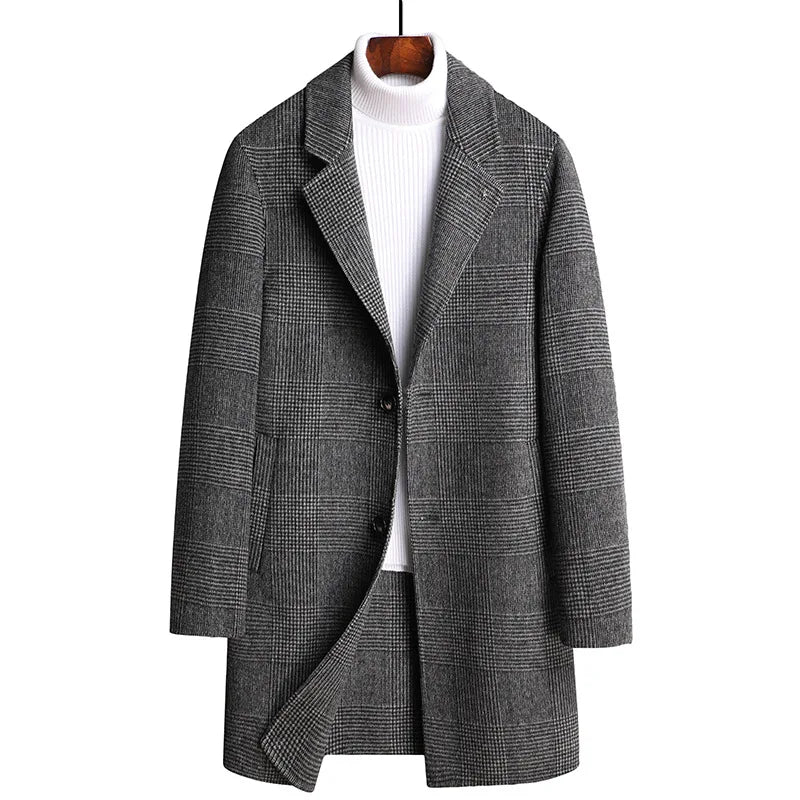 Plaid Wool Coat Men's Autumn Winter Slim Trench Coats Mid-length Cashmere Outerwear Long Jacket