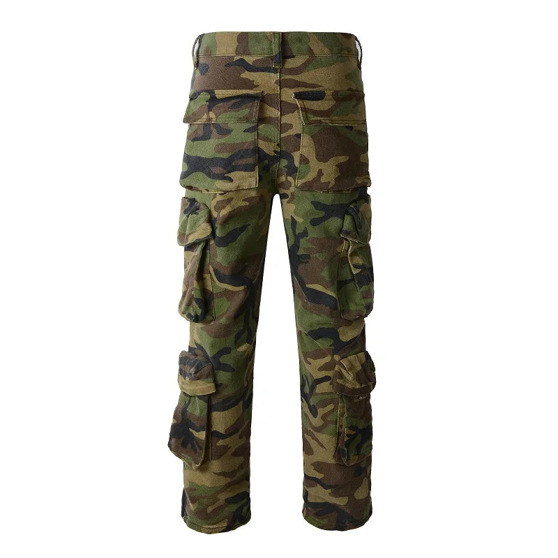 Men Stretch Patches Patchwork Safari Military Cargo Camouflage Denim Jeans Pants