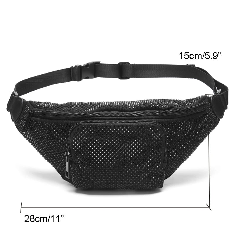 Women Waist Bag Large Capacity Fanny Pack Black Rhinestone Chest Bag Luxury