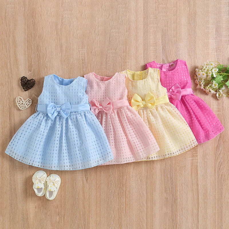 Princess Infant Baby Girls Party Dress Solid Plaid Sleeveless Sundress With Bowknot Belt