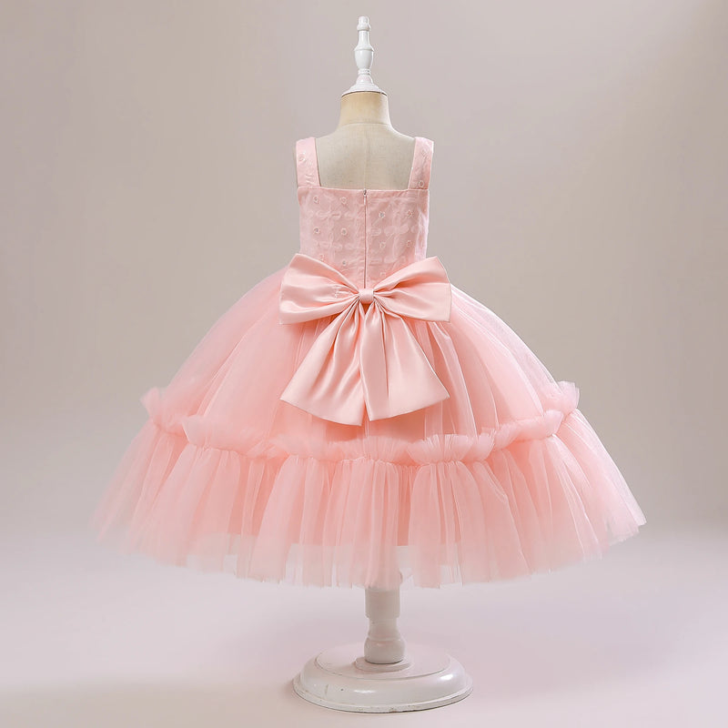 Kids Pink Suspender Party Dress for Girls Child Costume Princess Dresses Bridesmaids Summer Dress