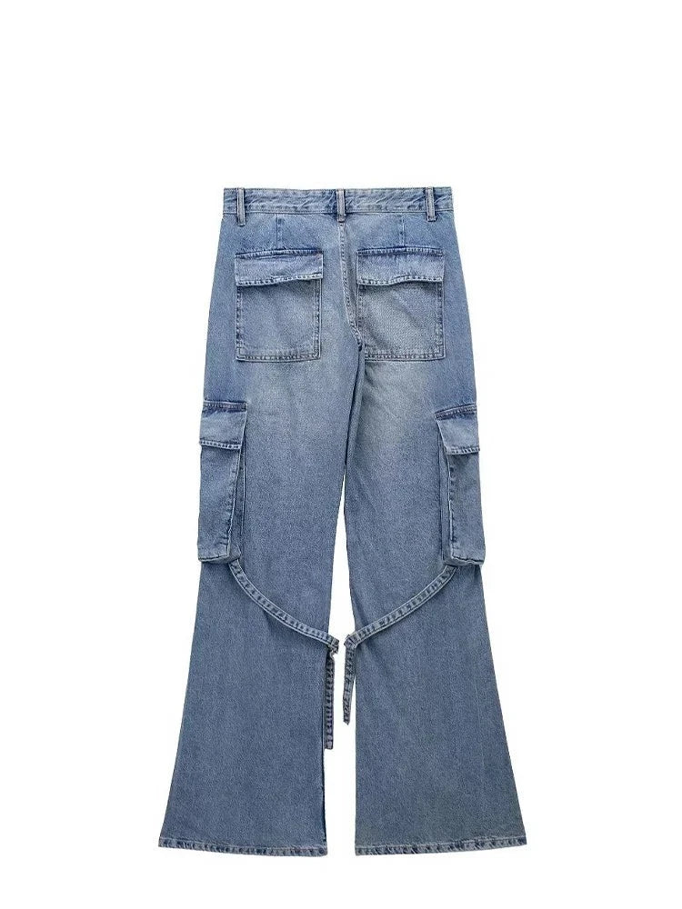 Autumn Women's Pocket Denim Pants Women's Straight Pants Retro Wide Leg Street Pants