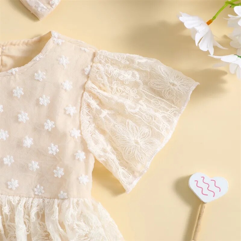 Newborn Baby Girls Summer Rompers Dress Princess Infant Girl Lace Embroidery Elegant Short Sleeve Jumpsuits Tulle Dress Headwear