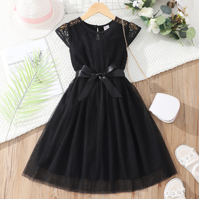 Kid Girl Guipure Lace Panel Flutter-sleeve Belted Dress