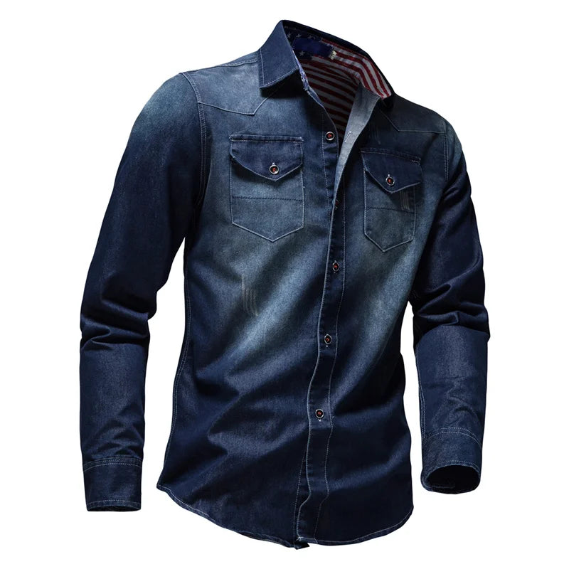 Spring Autumn Denim Shirt Men Casual Long Sleeve shirt Slim Fit Personality Pocket Blue Shirt