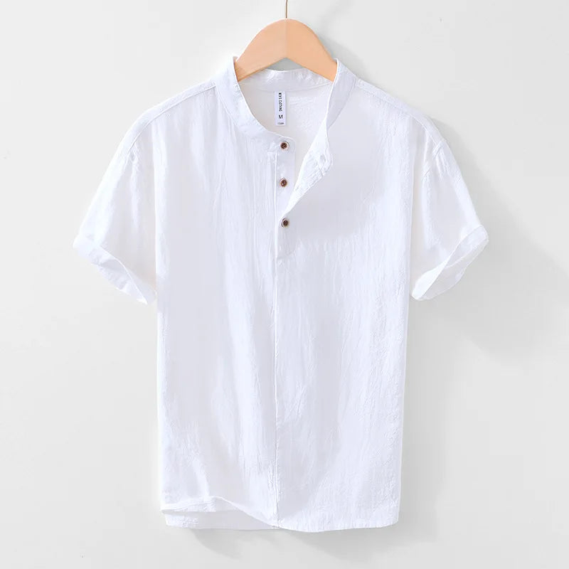 Summer Stand Collar Cotton Linen Pullovers Shirts For Man Breathable