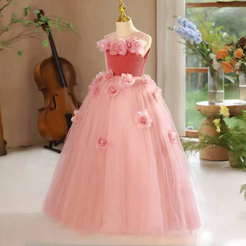 Elegant Pink Girl Dress Handmade Flowers Princess Kids Wedding Birthday Party Long Ball Pageant Gown