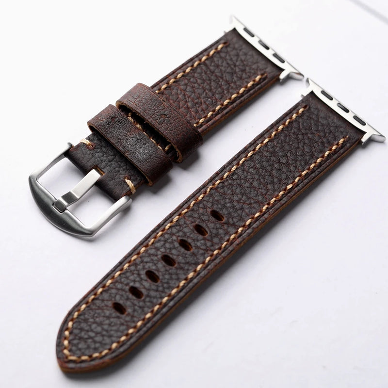 Handmade Dark Retro Style Strap For Apple Watch S9 S8 Ultra2 Lychee Soft Leather Strap Men