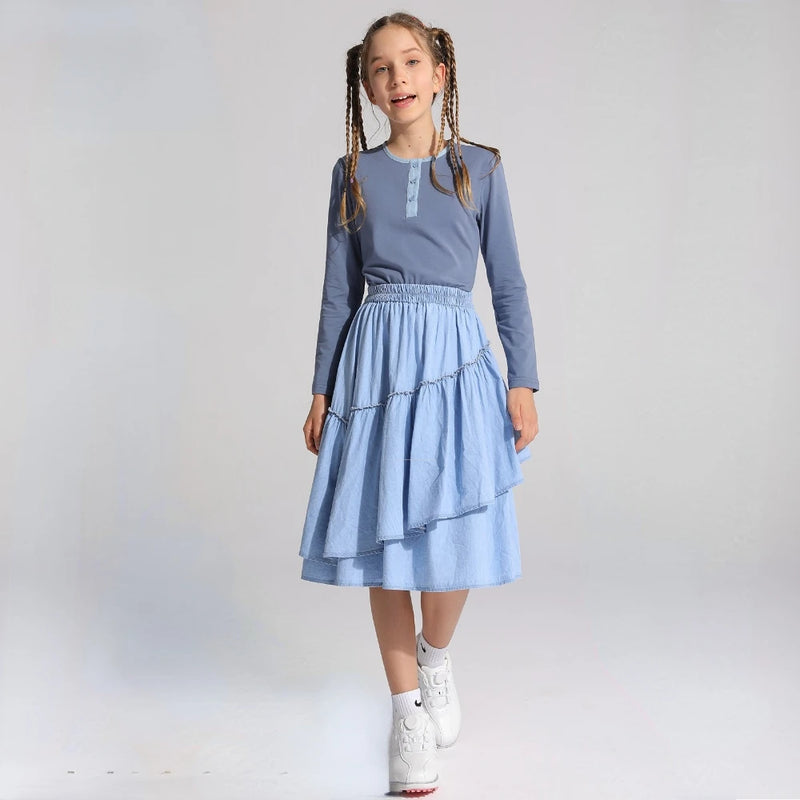 Girls Teen Kids Midi Ruffles Denim Skirt Cotton Summer Jersey Top Patchwork Denim Neck Mommy and Daughter