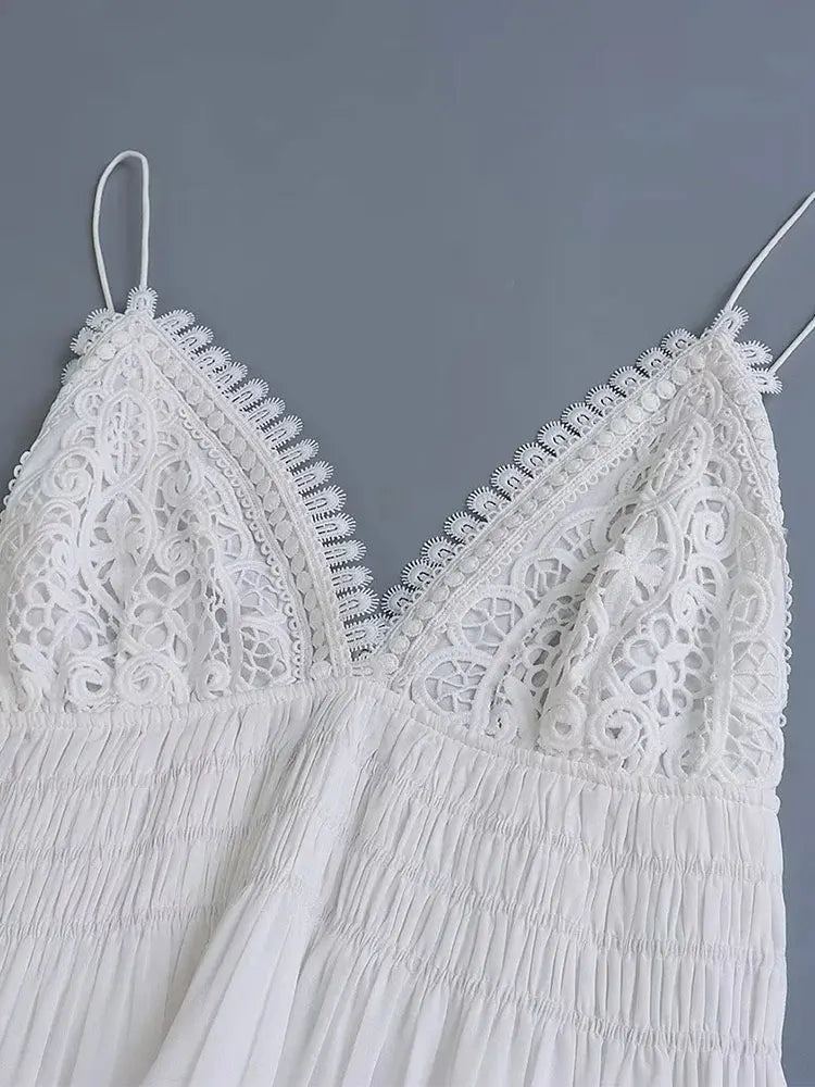 Summer Dress Women's White Casual Chic Backless Crochet Embroidery Short Sling Dress