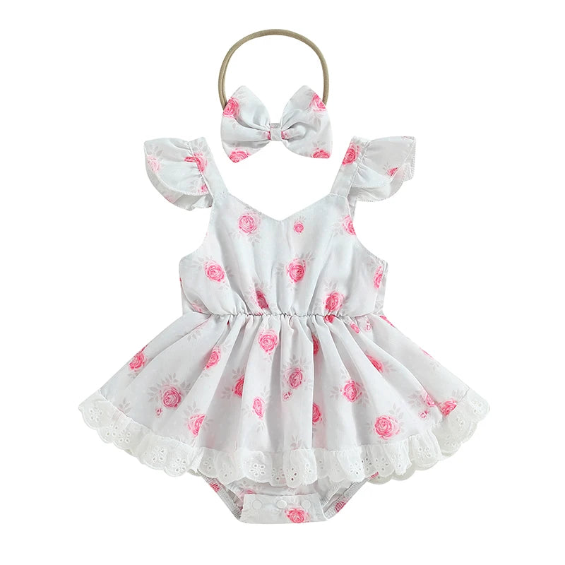 Summer Infant Baby Girls Casual Bodysuit Dress White Flying Sleeve Floral Print Jumpsuit Bow Headband Clothes