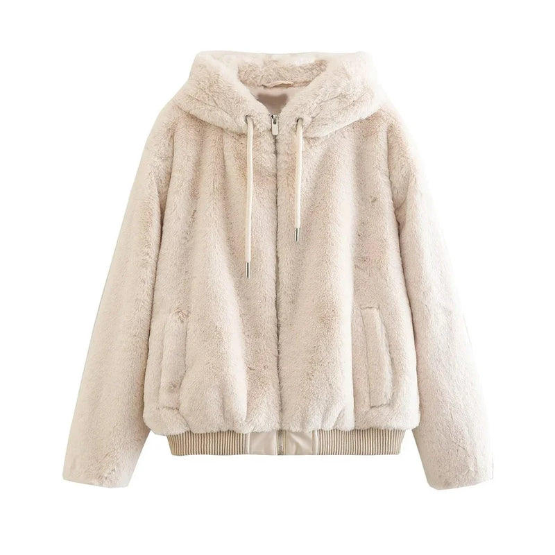 Women Thick Warm Faux Fur Hooded Jacket Coat Vintage Front Zipper Female Outerwear Chic Tops