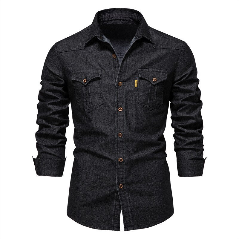 Men Denim Long Sleeve Shirts Casual Solid Single Breasted Top Men Elastic Pure Cotton