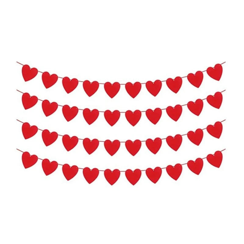 3pcs Red Hearts Felt Garland Banner Pull Flowers Valentine Wedding Birthday Party Decor