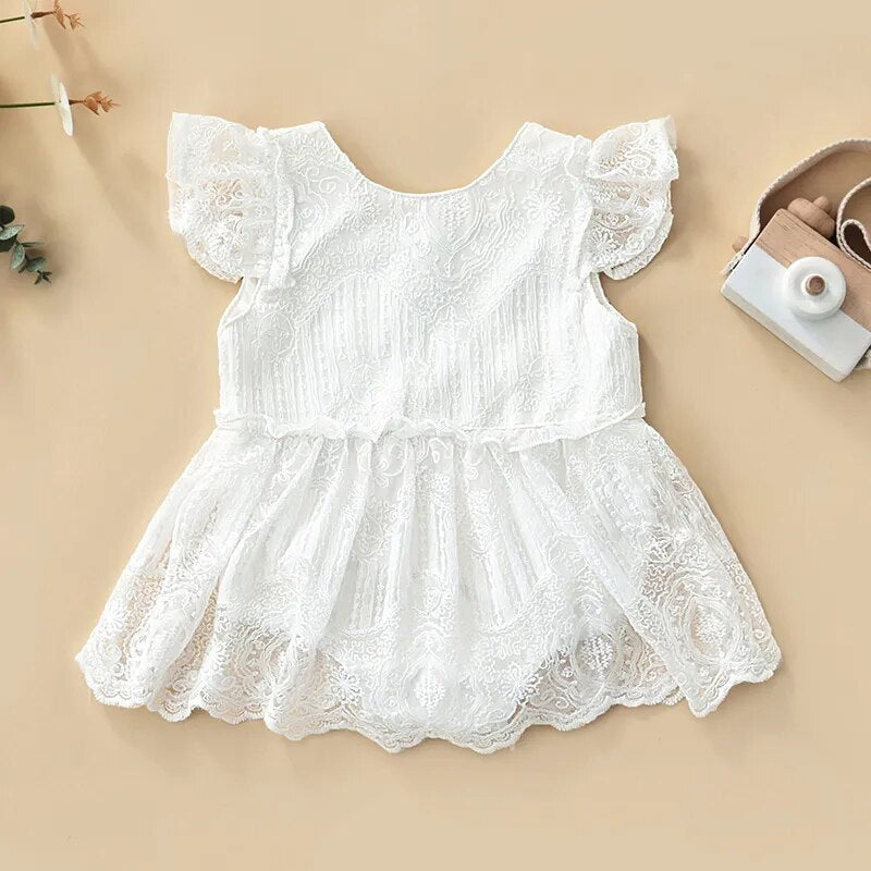 Baby Princess Romper Dress Clothes Summer Flying Sleeve Flower Lace Sweet Style Crew Neck Toddler Little Girls Lovely Clothing