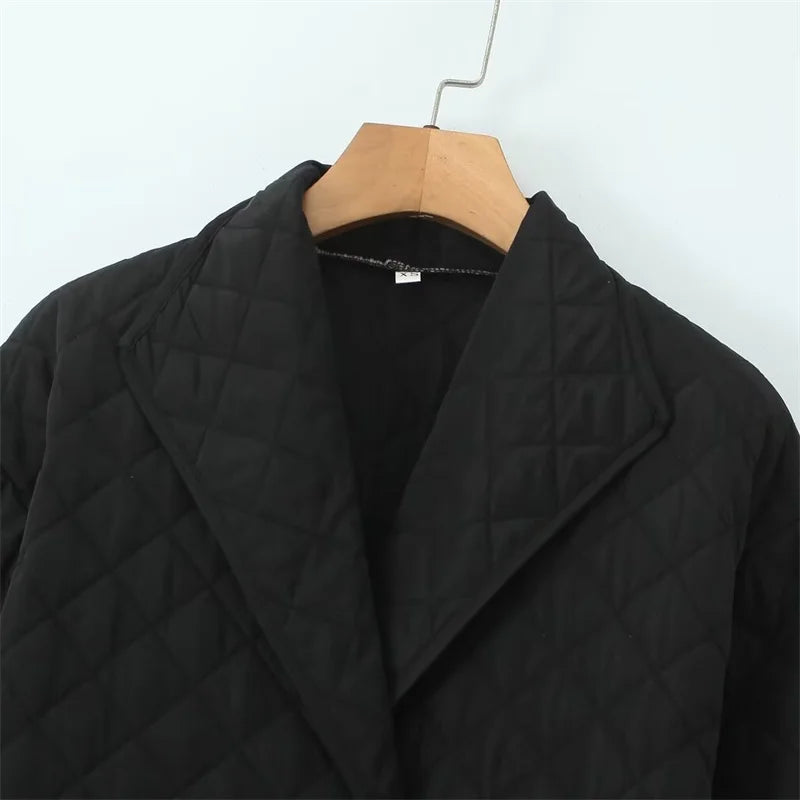 Winter Women Quilted Outwear Jacket With Belt Double Breasted Thick Warm