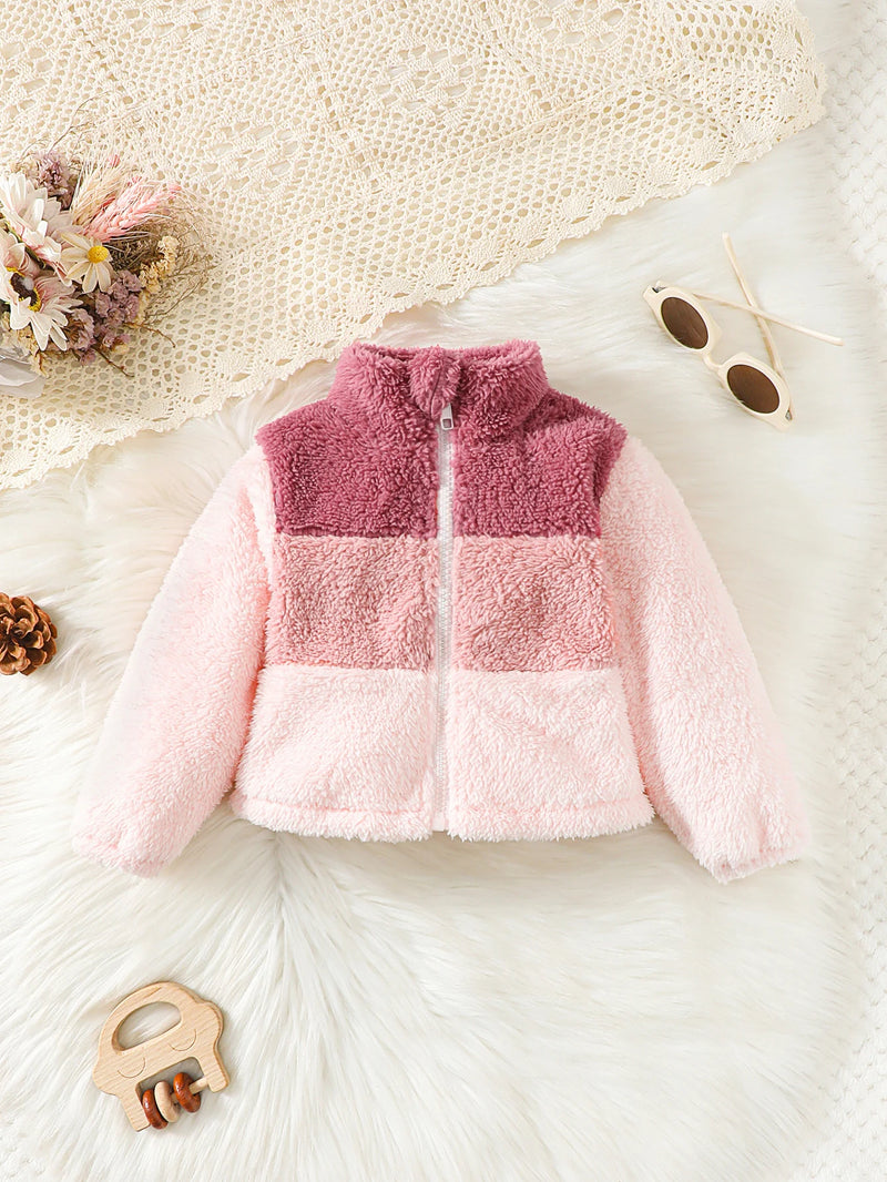 Kids Girl Plush Overcoat Long Sleeves Lapel Zippered Coat for Winter Outdoor Wear Blocking Warm Top