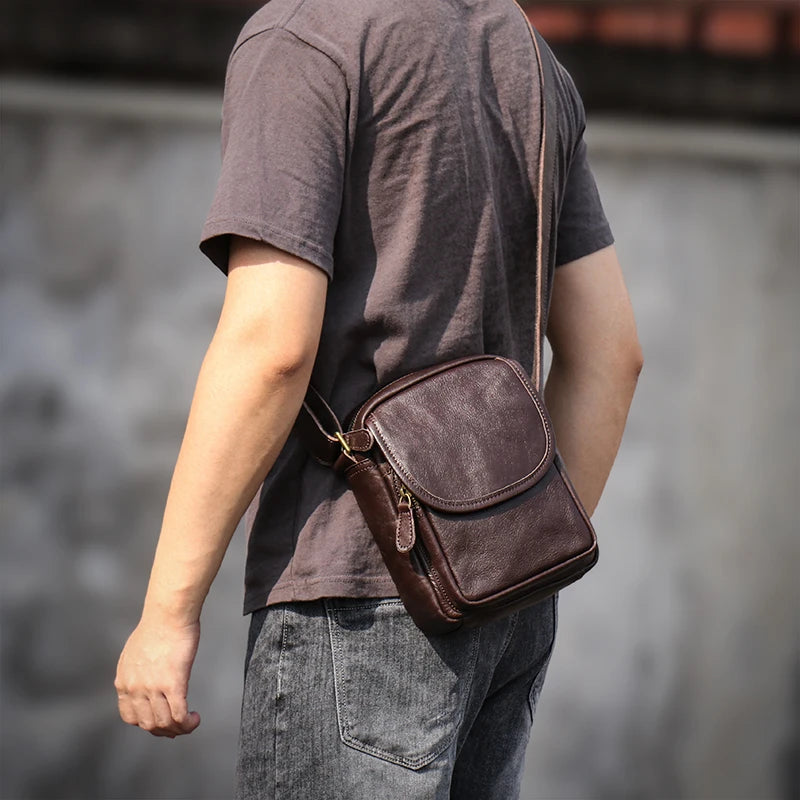 Leather Zipper Men's Shoulder Bag Natural Casual Satchel Man Retro Small Bag