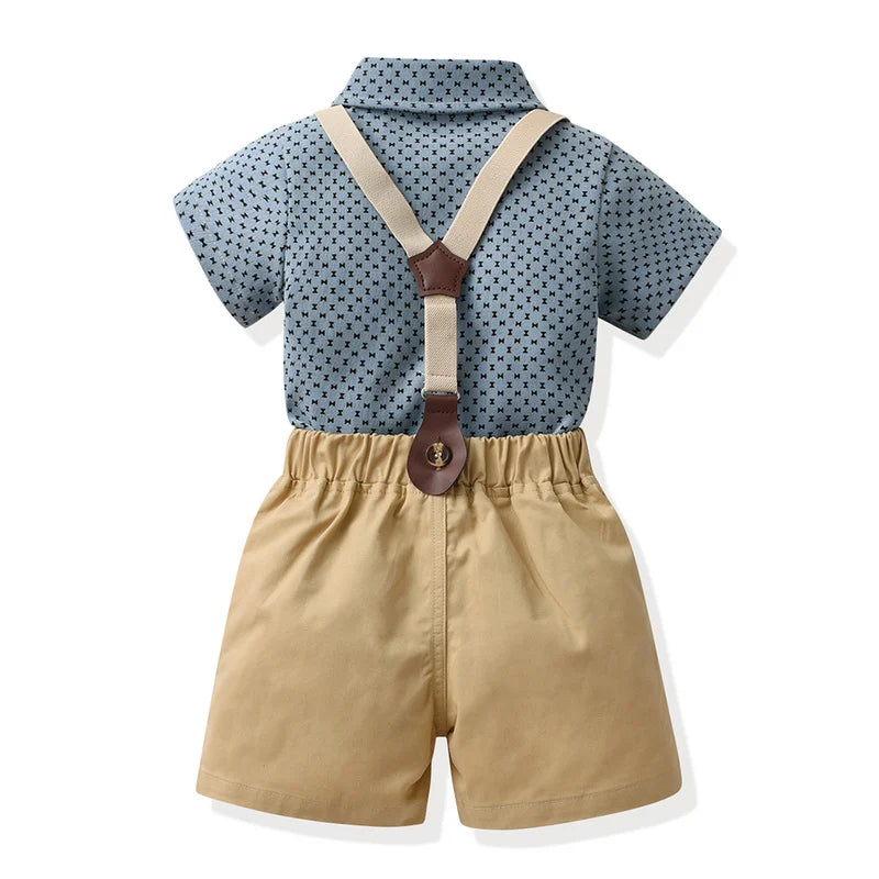 Summer Toddler Kids Boys Casual Clothing Set Short Sleeve Bowtie Gentleman Shirts Suspenders Shorts