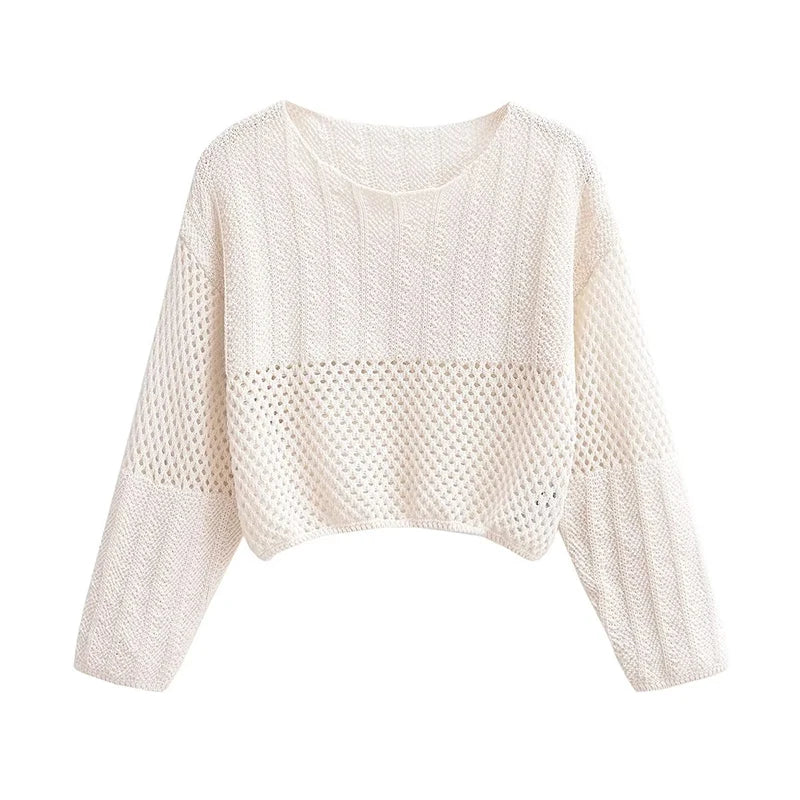 Women Round Neck Long Sleeve Crop Crochet Top Autumn Pullover Sweater