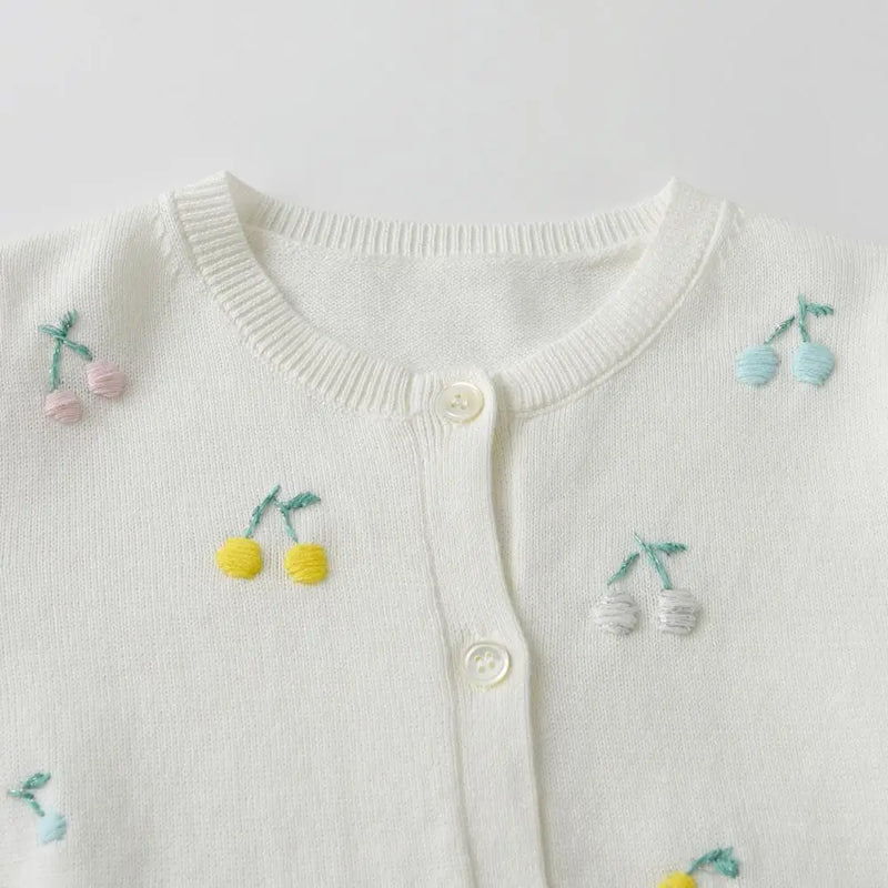 Kids Girls Cherry Hand Embroidery Long Sleeves Knitted Sweater Clothes Teen Girls Organic Cotton Knit Cardigan