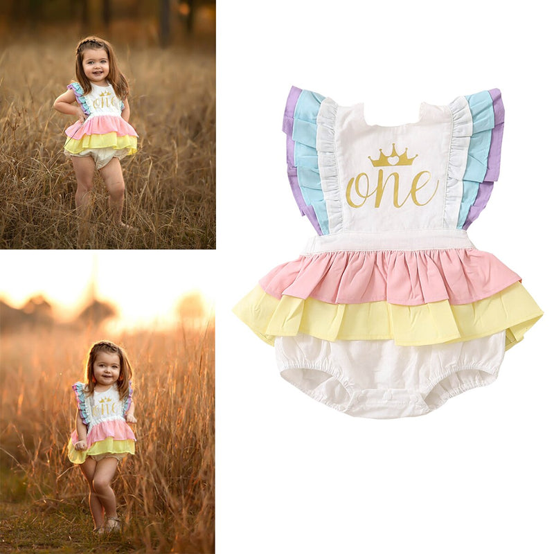 Cute Infant Baby Girl Birthday Romper Ruffle Sleeveless Golden Letter One Crown Jumpsuit Bow Fluffy Skirt