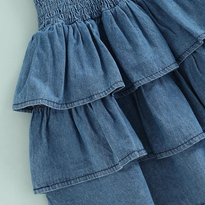 Little Girls Casual Dress Summer Toddler Kids Princess Girls Solid Denim Sleeveless Strap Layered Party Dresses for Child