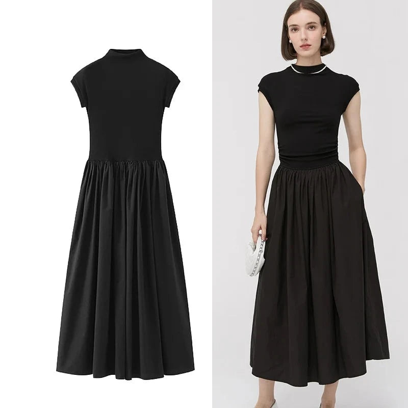 Women Summer Vintage Elegant Black Midi Long Dress Lady France Chic Slim Fit