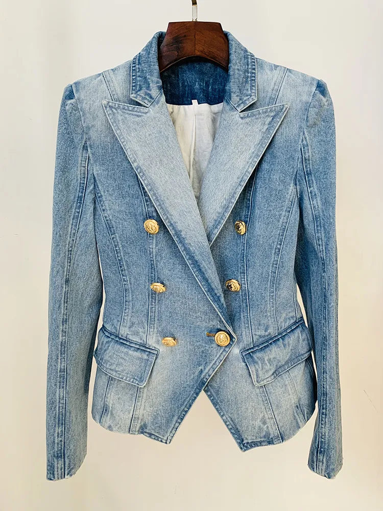 Jacket Women's Slim Fitting Double Breasted Lion Buttons Denim Blazer