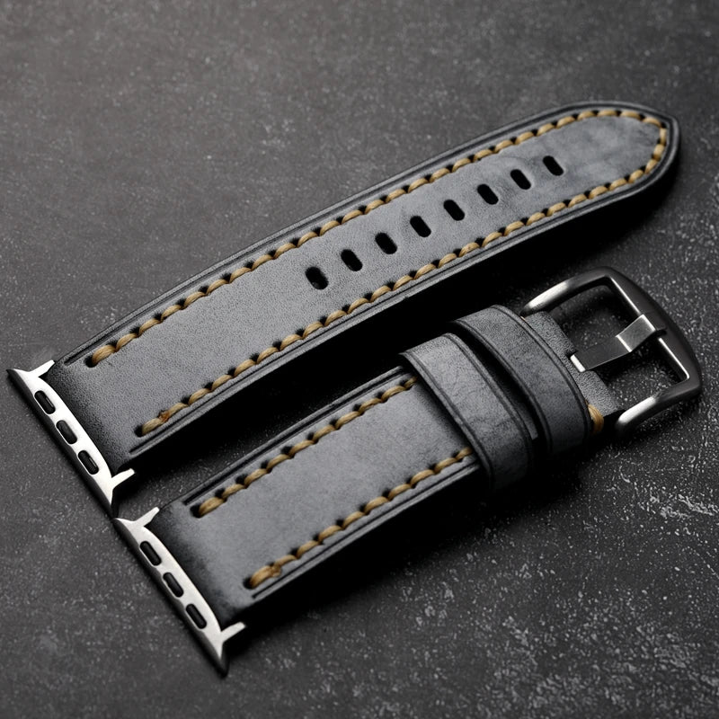 Handmade Head Layer Leather Strap For Apple Watch iWatch Grey and Black Thickened Men's