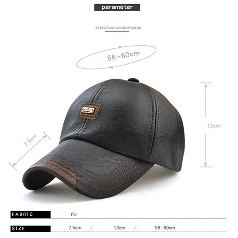 Leather Baseball Cap Hip Hop Casual Cap Men Adjustable Cap Dark Brown