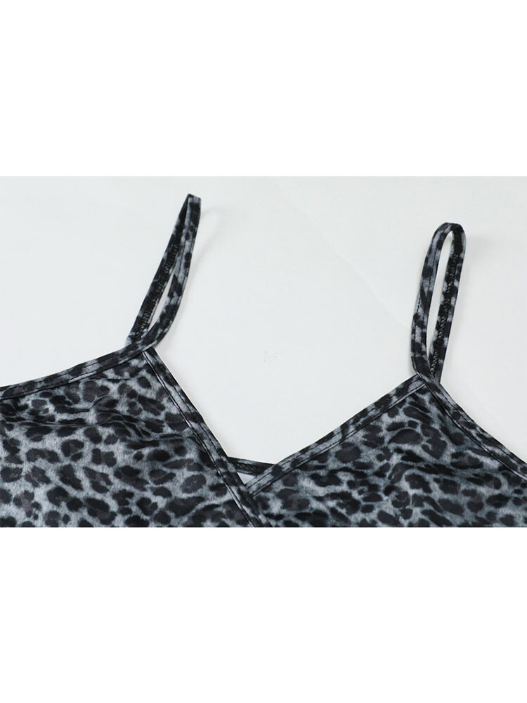 Women Summer Leopard Sling Sexy Perspective Bottoming Shirt Crew Short Top