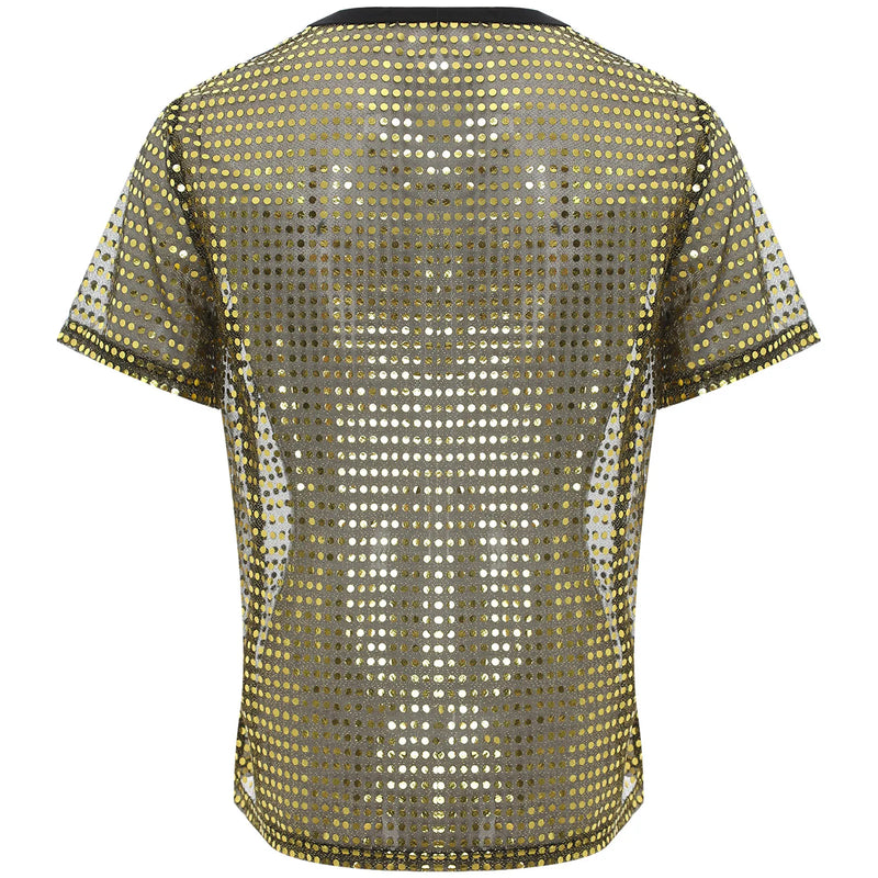 Men Mesh Hippie T-shirt Top Short Sleeve Blouse See Through Sheer Classic Tee Top