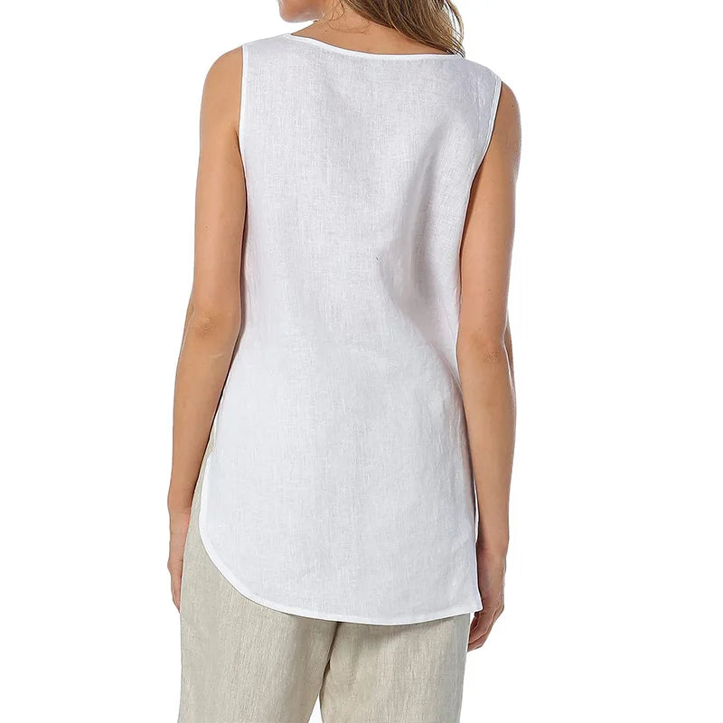 Linen Tank Top Women Casual  Sleeveless Asymmetrical  Streetwear White Top