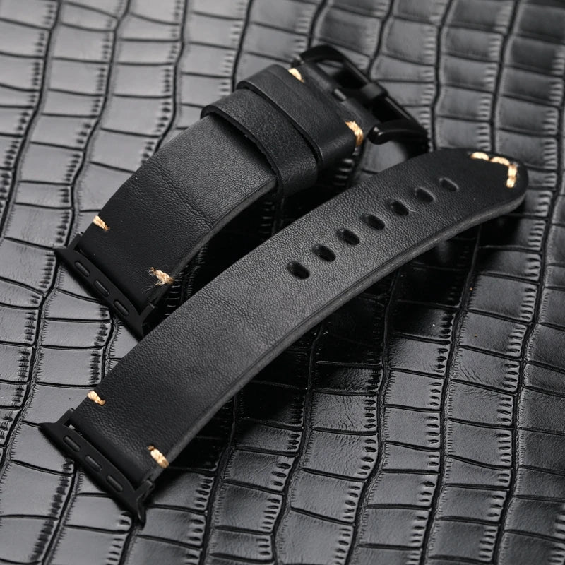 Handmade Black Leather Watchband For Apple iwatch 8/7 Ultra Men Vintage Bracelet