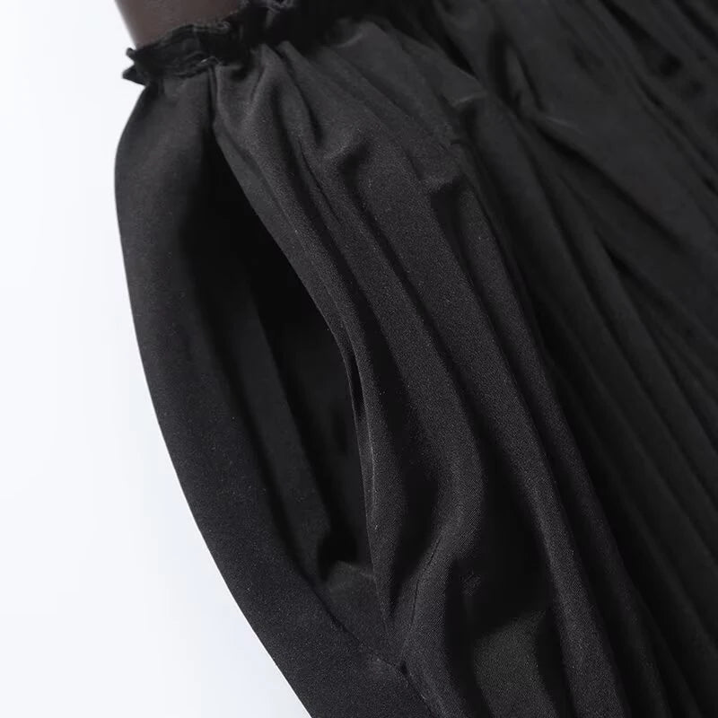 Women Leather Patchwork High Waist Pleated Skirt Lady Elegant Midi Skirts