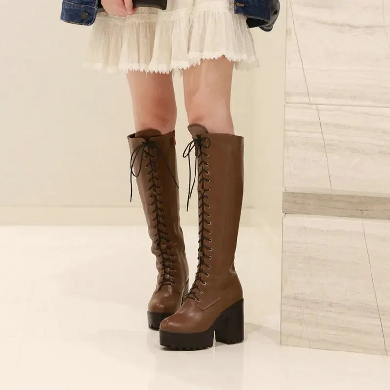 Women's Lace Up Knee High Boots Leather Thick Bottom Platform Boots Woman Motorcycle Booties