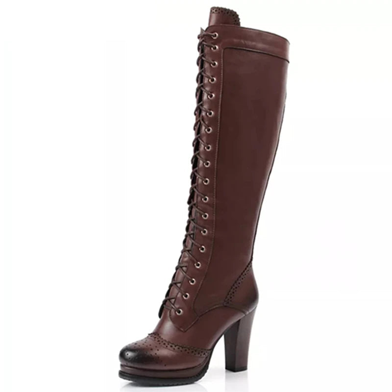 Genuine leather knee high boots women lace up platform high heels winter riding boots female shoes