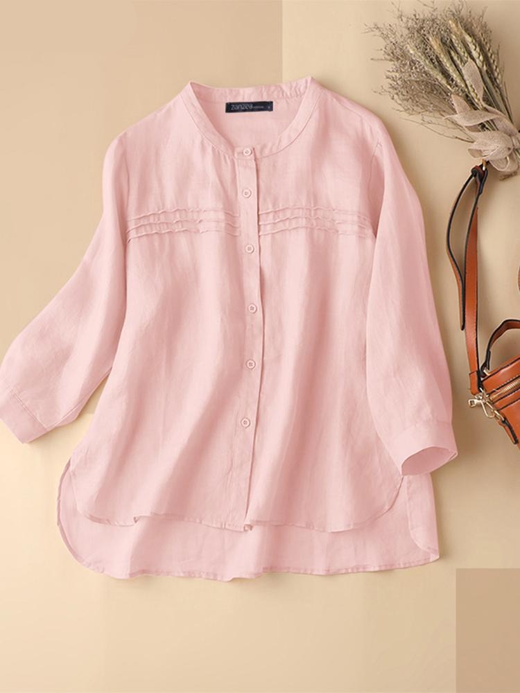 Summer Solid Women's Blouse Vintage Female Pure Cotton 3/4 Sleeve Shirt Elegant Button Down Blusas Holiday Tops