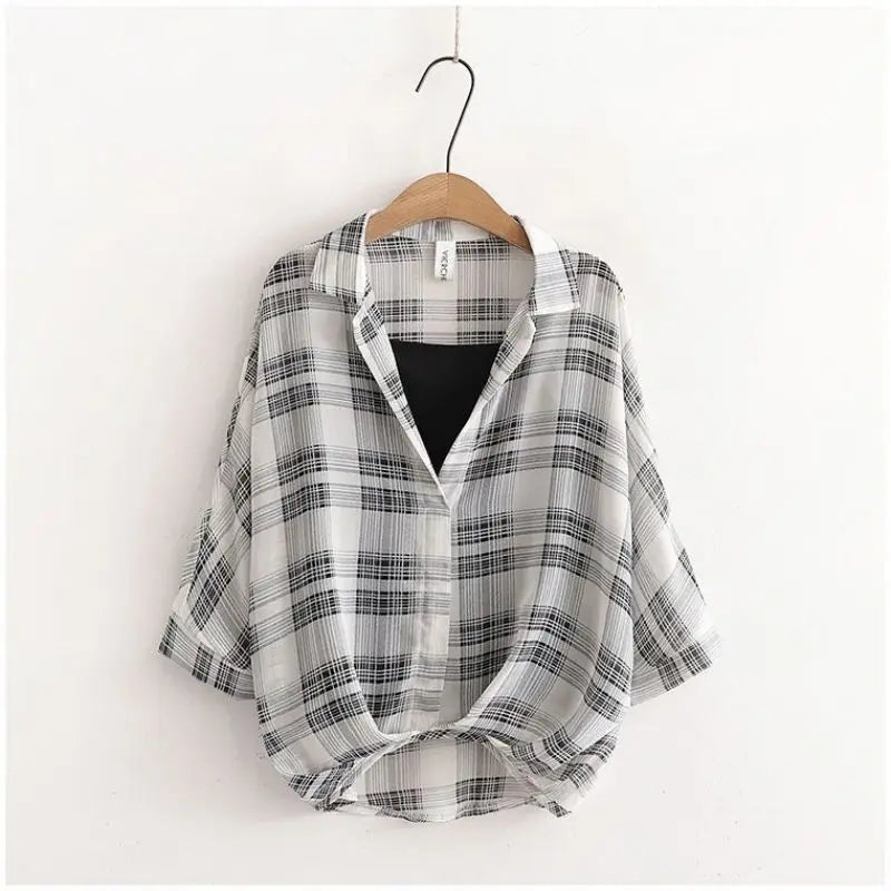 Striped Plaid Loose Black Vest Two Piece Set Women Blouse Shirt Female Clothing Tops