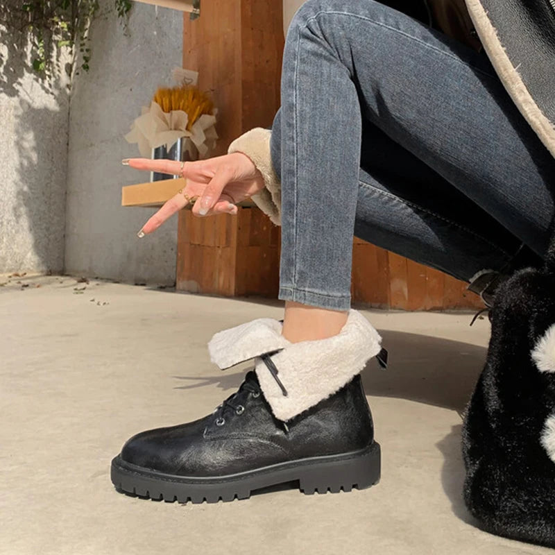 Women Genuine Leather Wool Winter Warm Snow Boots Plush Motorcycle Boots Shoes