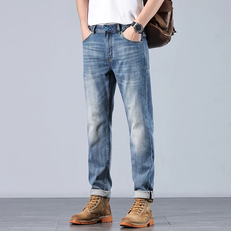 Denim Jeans for Men Slim Fit Straight Washed Pants Autumn American