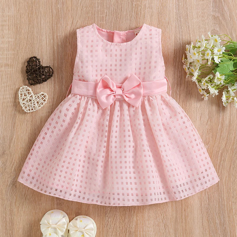 Princess Infant Baby Girls Party Dress Solid Plaid Sleeveless Sundress With Bowknot Belt