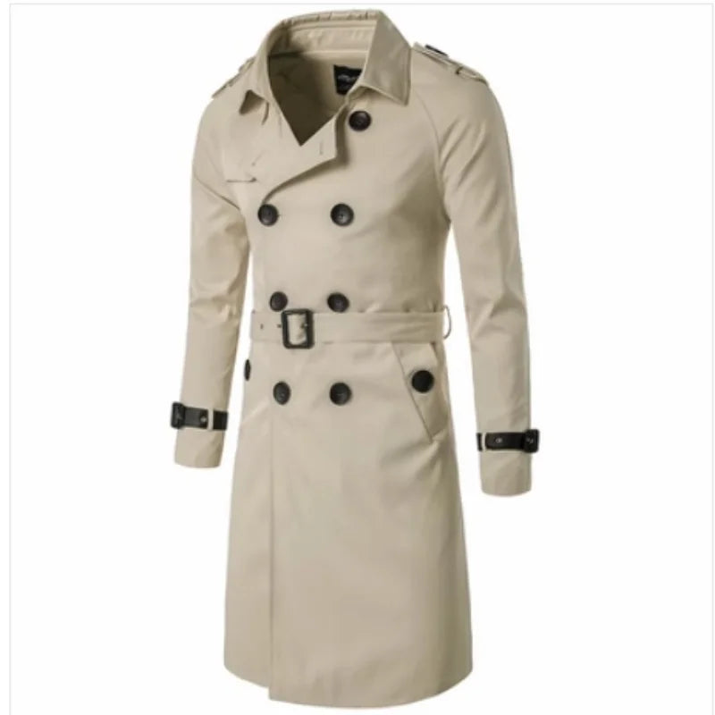 Mens Spring Autumn Windbreak Overcoat Long Trench Coats with Belt Male Pea Coat Double Breasted