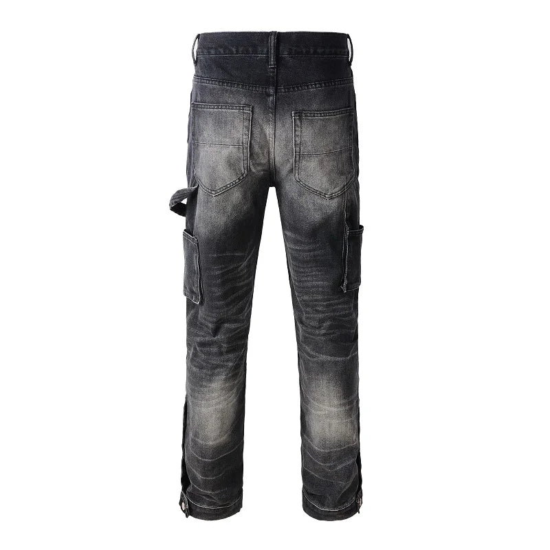 Men's Distressed Grey Splice Baggy Cargo Denim Pants Carpenter Streetwear Jeans Pants